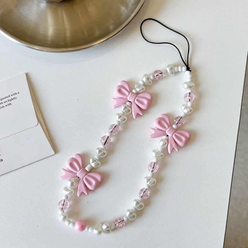 WCCH Beaded Phone Charm Y2K Kawaii Handmade Acrylic Phone Lanyard Wrist Strap for Camera Bag Airpods Keychain Charm Pink Bow and Small Pearls - Image 5